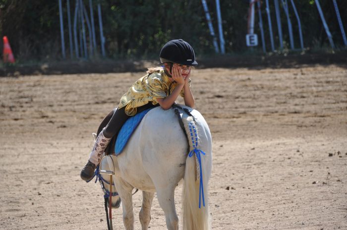 Ein Mädchen sitzt rückwärts auf einem Pferd.
