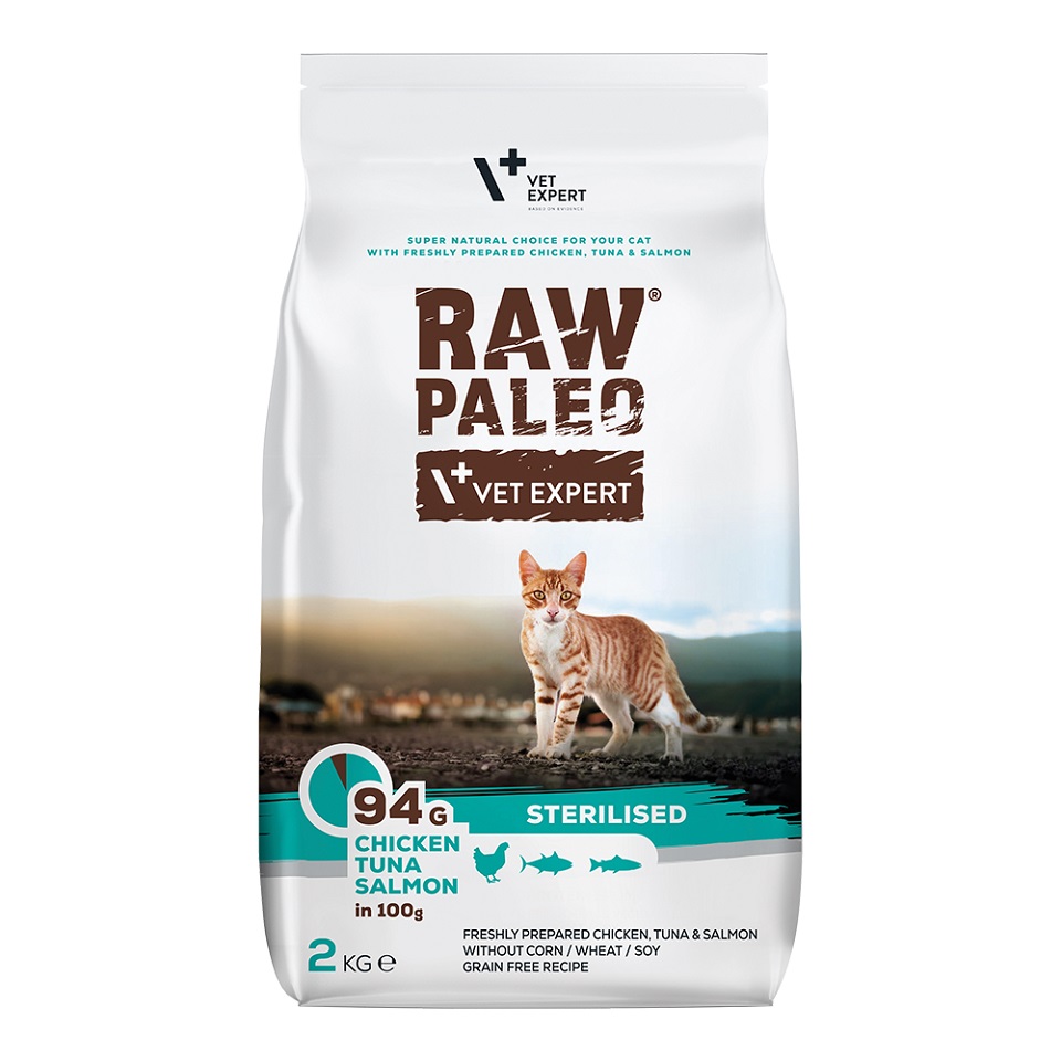 VETEXPERT Raw Paleo Sterilised Chicken&Tuna&Salmon für kastrierte Katzen 2 kg Katze