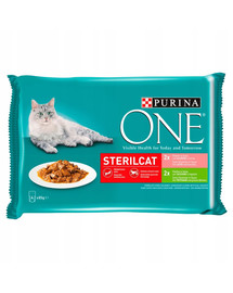 PURINA ONE Sterilcat Gemischte Geschmacksrichtungen (Truthahn und grüne Bohnen, Lachs und Karotten) 4x85g Nassfutter für sterilisierte Katzen