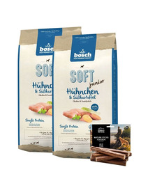 BOSCH Soft Junior Hühnchen & Süßkartoffel 2 x 12,5 kg + Hundesnacks Nature Sticks mit Rind 7 Stck