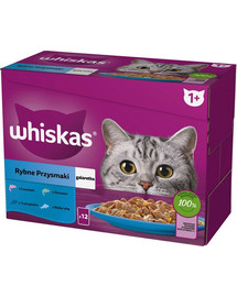 WHISKAS Adult 12x85g: Nassfutter für adulte Katzen mit Lachs, Thunfisch, Kabeljau, und weißen Fischen in Gelee