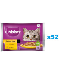 WHISKAS Adult 52x85 g Geflügelschmaus Nassfutter für ausgewachsene Katzen in Sauce mit: Huhn, Truthahn