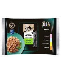 SHEBA Beutel 4x85g Fine Flakes in Jelly – Nassfutter für Katzen in Gelee (mit weißem Fisch, Lachs, Truthahn, und Huhn)