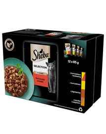 SHEBA Selection 12x85 g: Nassfutter für adulte Katzen mit Huhn und Rind, Huhn, Lamm, Ente und Truthahn in Soße