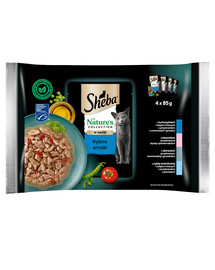 SHEBA  Nature’s Collection 4x85 g: Nassfutter mit Thunfisch, Lachs, Kabeljau für adulte Katzen