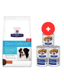 HILL'S Prescription Diet Canine Derm Defense für Hunde mit Allergie 12 kg + 3 x 370g GRATIS