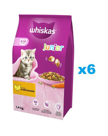 WHISKAS Junior 6x1,4 kg: Trockenvollnahrung für Kätzchen mit leckerem Huhn