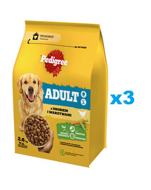 PEDIGREE Adult 3x 2,6 kg: Trockenfutter mit Geflügel und Gemüse für große und mittelgroße Hunde