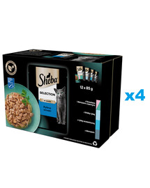 SHEBA Selection 48x85 g: Nassvollnahrung für adulte Katzen mit Lachs und schwarzem Kabeljau, Weißfisch, Meeresfisch, Kabeljau in Sauce