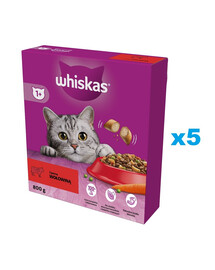WHISKAS Adult 5x800g: Trockenvollnahrung für adulte Katzen mit leckerem Rindfleisch
