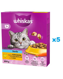 WHISKAS Sterile 5x800g: Trockenfutter für sterilisierte Katzen mit Huhn