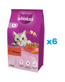 WHISKAS Adult 6x1,4 kg Trockenfutter mit Rindfleisch für adulte Katzen