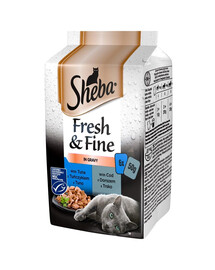 SHEBA Fresh & Fine 6x50g: Nassvollnahrung für adulte Katzen mit Thunfisch und Kabeljau in Sauce