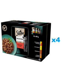 SHEBA Selection 48x85 g Nassfutter für adulte Katzen mit Huhn und Rind, Huhn, Lamm, Ente und Truthahn in Soße