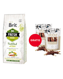 BRIT Fresh Duck with Millet Active Run & Work 12 kg + WOOLF Chicken And Rawhide Twister 2 x 100g Trockenhaut umhüllt mit Hähnchen GRATIS