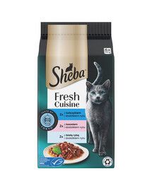 SHEBA Fresh Cuisine Taste of Tokyo saszetki 6x50g mokra karma pełnoporcjowa dla dorosłych kotów z tuńczykiem, z łososiem, z białą rybą i dodatkiem ryżu