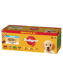 PEDIGREE Junior Wybór Smaków z ryżem saszetki 40x100 g mokra karma pełnoporcjowa dla szczeniąt kawałki z mieszanką wołowiny i wątróbki i ryżem, z kurczakiem i ryżem, z mieszanką jagnięciny i wątróbki i ryżem, z drobiem i ryżem w galaretce