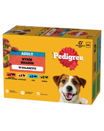 PEDIGREE Adult Wybór Smaków saszetki 12x100 g mokra karma pełnoporcjowa dla dorosłych psów z mieszanką wołowiny i wątróbki, z kurczakiem, z rybą, z drobiem w galaretce