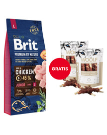BRIT Premium By Nature Junior Large L Chicken 15 kg + WOOLF Chicken And Rawhide Twister 2 x 100g Trockenhaut umhüllt mit Hähnchen GRATIS