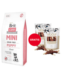 BRIT Care Mini Grain Free Mini Puppy Lamm 7 kg + WOOLF Chicken And Rawhide Twister 2 x 100g Trockenhaut umhüllt mit Hähnchen GRATIS