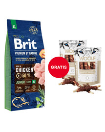 BRIT Premium By Nature Junior Extra Large XL Chicken 15 kg + WOOLF Chicken And Rawhide Twister 2 x 100g Trockenhaut umhüllt mit Hähnchen GRATIS