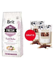 BRIT Fresh Chicken with Potato Puppy Healthy Growth 12 kg + WOOLF Chicken And Rawhide Twister 2 x 100g Trockenhaut umhüllt mit Hähnchen GRATIS