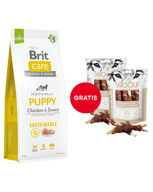 BRIT Care Sustainable Puppy mit Hähnchen und Insekten 12 kg + WOOLF Chicken And Rawhide Twister 2 x 100g Trockenhaut umhüllt mit Hähnchen GRATIS