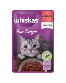 WHISKAS Adult Pure Delight Trockenfutter für ausgewachsene Katzen, Rindfleischstücken in Gelee 85 g