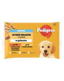 PEDIGREE Junior Mix 4x100g: Nassfutter für Welpen in Stückchen mit einer Mischung aus Rindfleisch, Leber und Reis, und mit Huhn und Reis, in Gelee