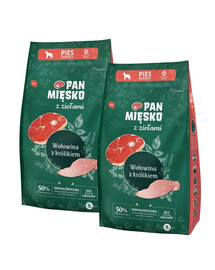 PAN MIĘSKO mit Kräutern Trockenfutter mit Rind und Kaninchen für adulte mittlere Hunde M 2x9 kg