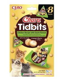 INABA Cat Churu Tidbits Chicken Recipe with Dashi Flavor 8x12g Weiche und cremige Hühnerleckerlis mit Dashi-Brühe-Geschmack für Katzen