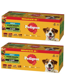 PEDIGREE Adult Wybór Smaków z warzywami saszetki 80x100 g mokra karma pełnoporcjowa dla dorosłych psów, z mieszanką wołowiny i jagnięciny, z mieszanką wołowiny i wątróbki, z kurczakiem, z indykiem, w sosie