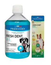 FRANCODEX Fresh Dent Mundhygieneflüssigkeit 500ml + Paste gegen Verdauungsprobleme bei Katzen und Hunden 70g GRATIS