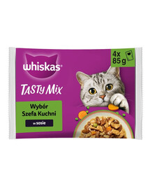 WHISKAS Tasty Mix Nassfutter mit Rind, Geflügel, Lachs, Gemüse in Soße für Katzen 4x85g