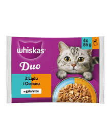 WHISKAS Nassfutter in Gelee mit Kabeljau und Huhn und Lachs mit Pute für adulte Katzen 4x85 g
