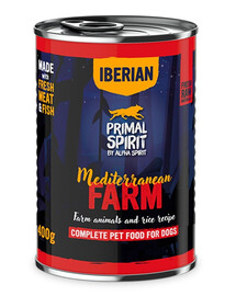 PRIMAL SPIRIT Iberian Mediterranean Farm Nassfutter mit Huhn und Schweinefleisch für adulte Hunde 400 g