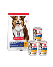 HILL'S Science Plan Canine Mature Adult Chicken New 14 kg für ältere Hunde + 3 Dosen GRATIS