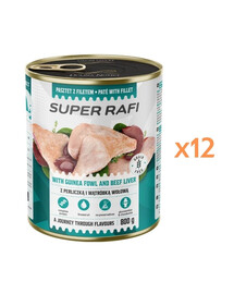 RAFI Super Nassfutter mit Perlhuhn und Rinderleber Pastete für adulte Hunde aller Rassen getreidefrei 12x800g