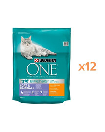 PURINA ONE COAT & HAIRBALL Trockenfutter mit Huhn und Vollkorn für adulte Katzen 12x800g
