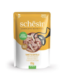 SCHESIR Nassfutter Thunfisch mit Hähnchenfilets in Gelee für Katze 6x85 g