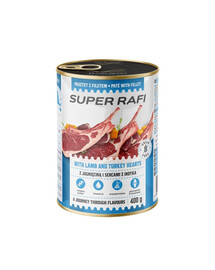 SUPER RAFI Nassfutter mit Lammfleisch und Putenherzen für adulte Hunde getreidefrei 400g