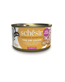 SCHESIR Nassfutter Thunfisch mit Hähnchen und Reis in Brühe für Katzen 6x85 g