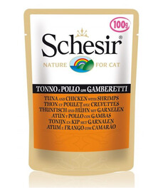 SCHESIR Nassfutter Thunfisch mit Hähnchen und Garnelen für Katzen 50g