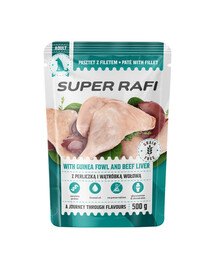 SUPER RAFI Nassfutter Pastete mit Perlhuhn und Rinderleber für adulte Hunde aller Rassen getreidefrei 500 g