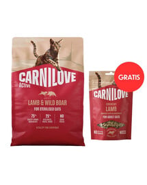 CARNILOVE Active Sterilised Trockenfutter Lamm und Wildschwein für sterilisierten Katzen 2 kg + Crunchy Snack Cat Lamb 50 g