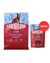 CARNILOVE Active Trockenfutter mit Lachs und Pute für alle adulte Katzen getreidefrei 2 kg  + Crunchy Snack Salmon 50 g