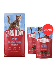 CARNILOVE Active Trockenfutter mit Lachs und Pute für alle adulte Katzen getreidefrei 6 kg + Crunchy Snack Salmon 2x50 g