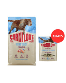 CARNILOVE True Fresh Trockenfutter mit Fisch und Truthahn für adulte Hunde getreidefrei 4 kg + Freeze Dried Turkey and Salmon 60g