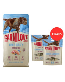 CARNILOVE True Fresh Trockenfutter mit Fisch und Truthahn für adulte Hunde getreidefrei 12 kg + Freeze Dried Turkey and Salmon 2x60g