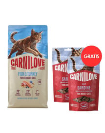 CARNILOVE True Fresh Sterilised Trockenfutter mit Fisch und Pute für kastrierte Katzen getreidefrei 6 kg + Soft Snack Sardine 2x50 g